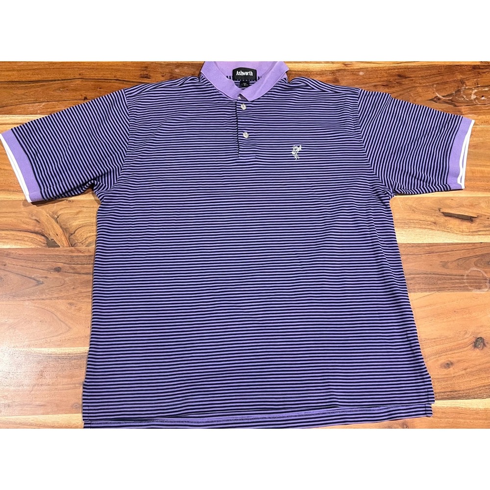 Ashworth Mens Purple Black Striped Golf Polo Shirt Short Sleeve Size Large L